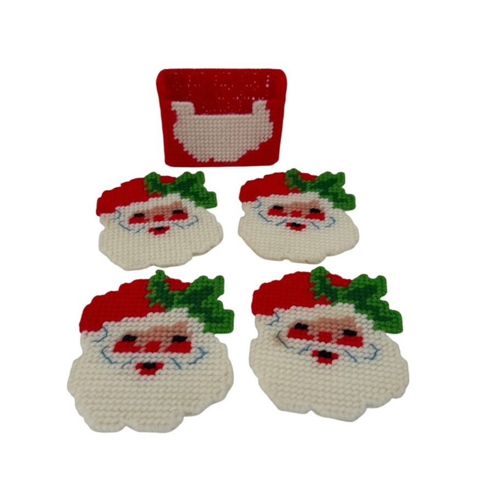 Plastic Canvas Needlepoint Santa Face Coaster Set of 4 with Holder Christmas